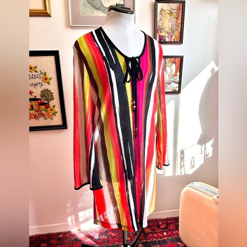 Vintage 90s Diamond Tea Canada Sheer Stripe Lounge Resortwear Dress